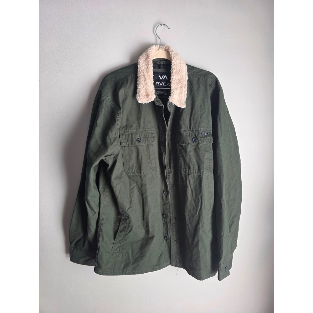 RVCA Mens Range Jacket Olive Green Canvas Faux Shearling Collar Large L